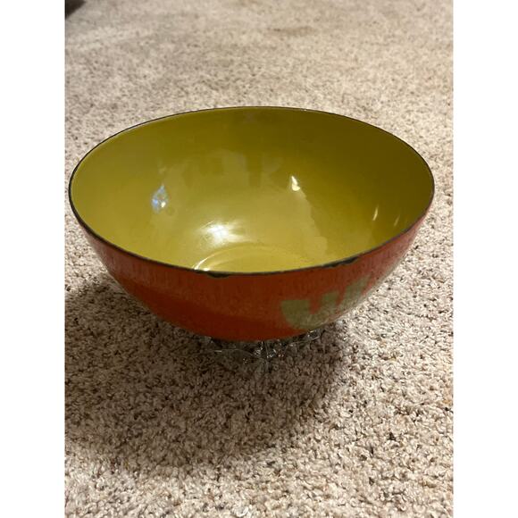 "Vintage MCM Hanova of Pasadena Enamelware Bowl Orange Chartreuse Green 8" RARE - Picture 12 of 15